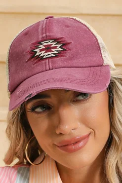 Best Dear-Lover Aztec Pattern Cotton Distressed Baseball Cap Coral