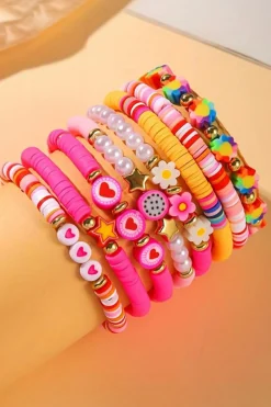 Discount Dear-Lover Valentine Heart Flower Beaded Multi Layered Bracelet Coral Paradise