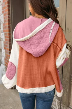 Sale Dear-Lover Quilted Textured Patchwork Loose Fit Hooded Jacket Coral