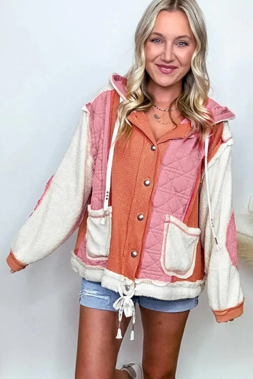 Sale Dear-Lover Quilted Textured Patchwork Loose Fit Hooded Jacket Coral