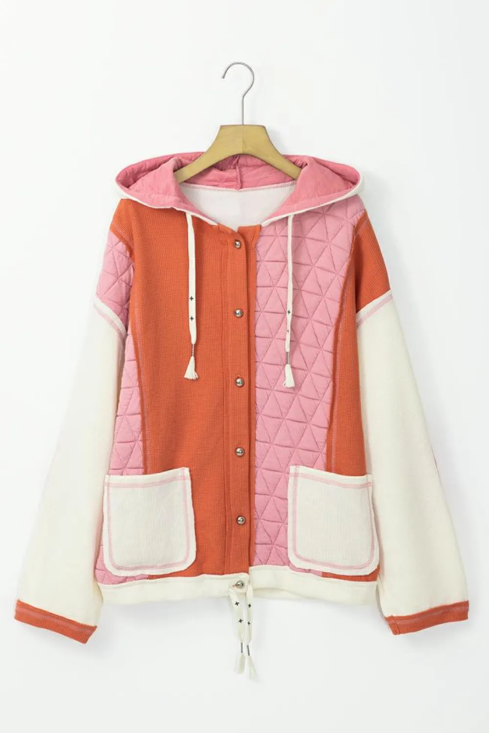Sale Dear-Lover Quilted Textured Patchwork Loose Fit Hooded Jacket Coral