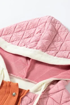 Sale Dear-Lover Quilted Textured Patchwork Loose Fit Hooded Jacket Coral
