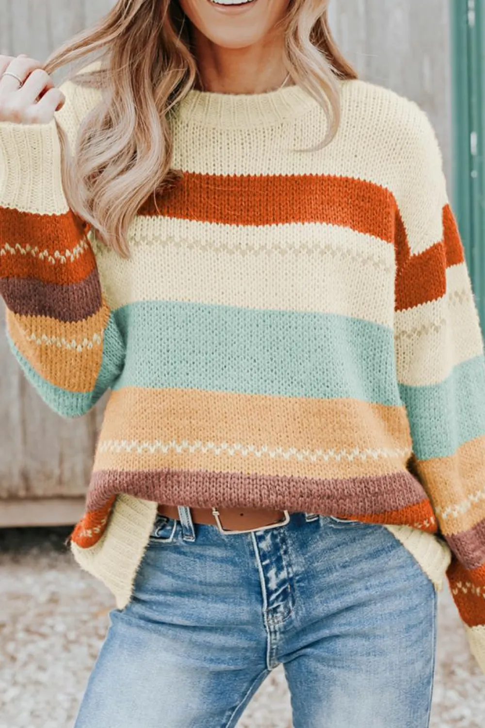 Online Dear-Lover Crew Neck Drop-shoulder d Color Block Sweater Stripe