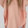 Discount Dear-Lover Crinkle Splicing Raw Hem High Low Oversized Blouse Orange