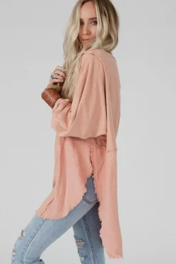 Discount Dear-Lover Crinkle Splicing Raw Hem High Low Oversized Blouse Orange