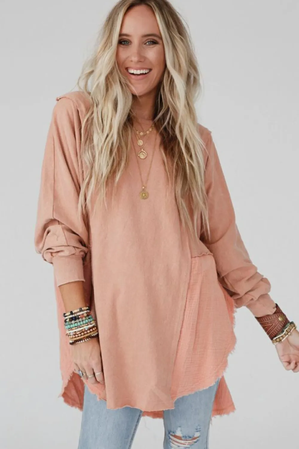 Discount Dear-Lover Crinkle Splicing Raw Hem High Low Oversized Blouse Orange