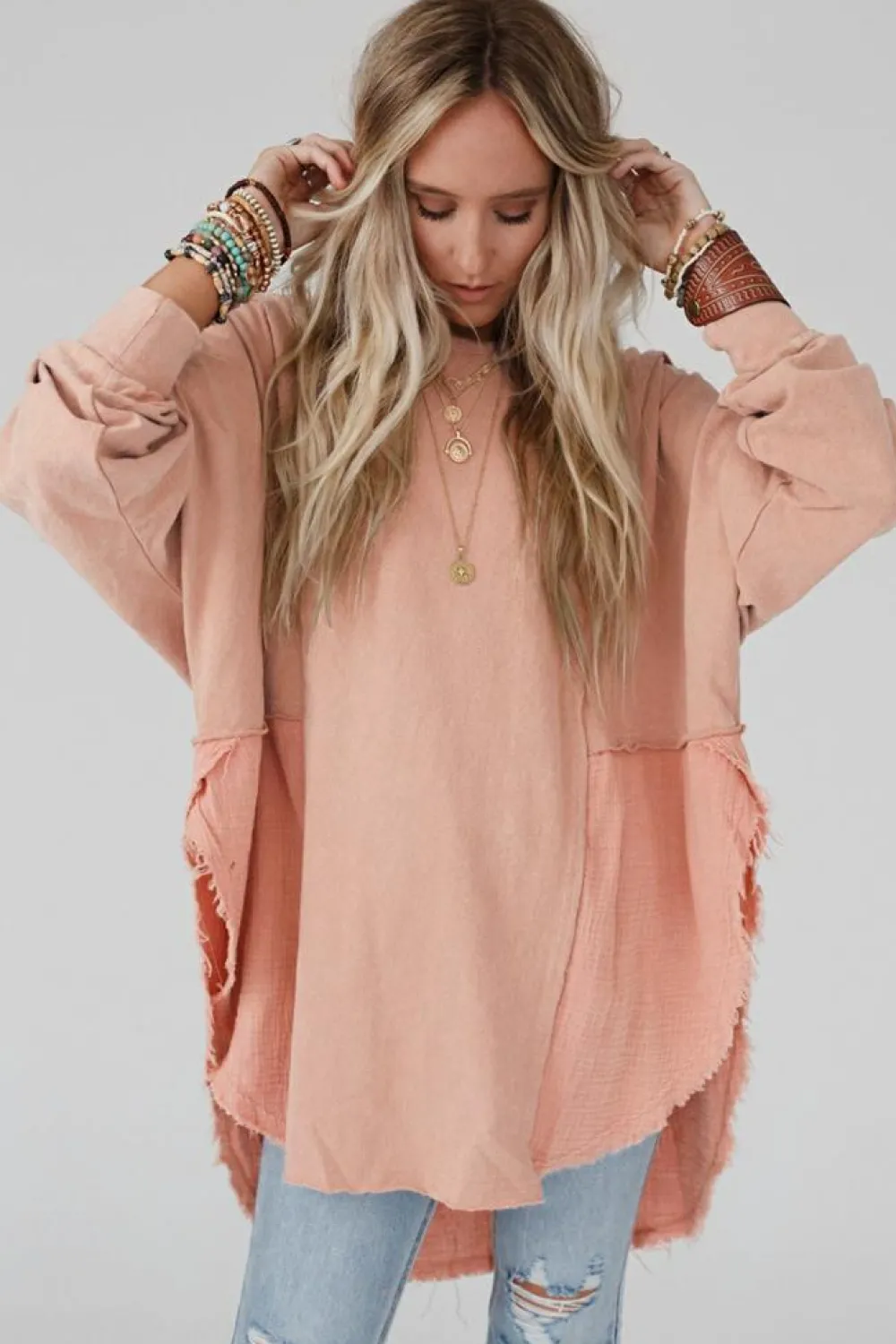 Discount Dear-Lover Crinkle Splicing Raw Hem High Low Oversized Blouse Orange