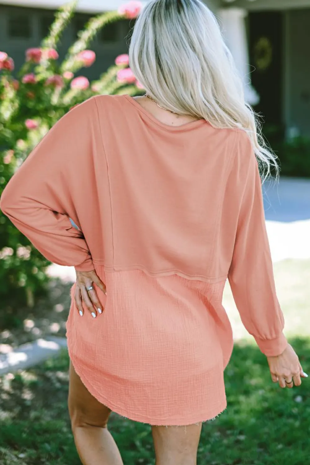 Discount Dear-Lover Crinkle Splicing Raw Hem High Low Oversized Blouse Orange