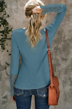 Discount Dear-Lover Crochet Lace Hem Sleeve Button Top Gray