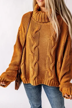Fashion Dear-Lover Cuddle Weather Cable Knit Handmade Turtleneck Sweater Yellow