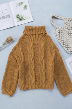 Fashion Dear-Lover Cuddle Weather Cable Knit Handmade Turtleneck Sweater Yellow