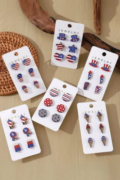 Fashion Dear-Lover American Flag Hat Star Heart Stud Earrings Dark Blue