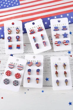 Fashion Dear-Lover American Flag Hat Star Heart Stud Earrings Dark Blue