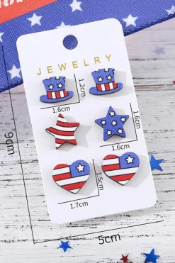 Fashion Dear-Lover American Flag Hat Star Heart Stud Earrings Dark Blue