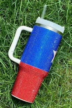 New Dear-Lover American Flag Star Full Rhinestone Handle Tumbler 40oz Dark Blue