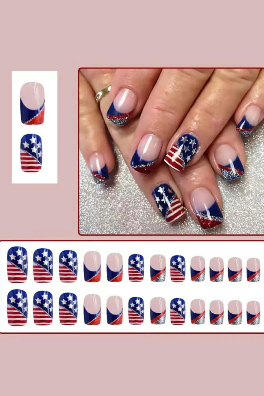Best Dear-Lover American Flag Shiny Square False Nails Dark Blue