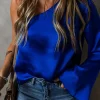 Online Dear-Lover Asymmetric One Shoulder Bell Sleeve Satin Blouse Dark Blue