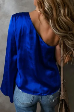 Online Dear-Lover Asymmetric One Shoulder Bell Sleeve Satin Blouse Dark Blue