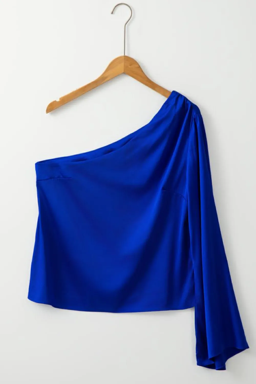 Online Dear-Lover Asymmetric One Shoulder Bell Sleeve Satin Blouse Dark Blue