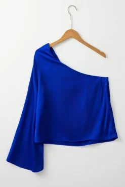 Online Dear-Lover Asymmetric One Shoulder Bell Sleeve Satin Blouse Dark Blue