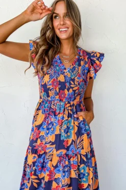 New Dear-Lover Boho Floral V Neck Ruffle Tiered Long Dress Dark Blue