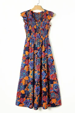 New Dear-Lover Boho Floral V Neck Ruffle Tiered Long Dress Dark Blue
