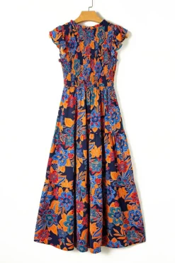 New Dear-Lover Boho Floral V Neck Ruffle Tiered Long Dress Dark Blue