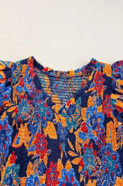 New Dear-Lover Boho Floral V Neck Ruffle Tiered Long Dress Dark Blue
