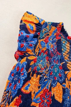 New Dear-Lover Boho Floral V Neck Ruffle Tiered Long Dress Dark Blue