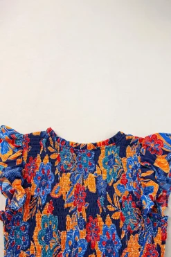 New Dear-Lover Boho Floral V Neck Ruffle Tiered Long Dress Dark Blue