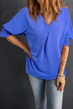 Online Dear-Lover Boxy Collared Smocked Sleeve Cuffs Blouse Dark Blue