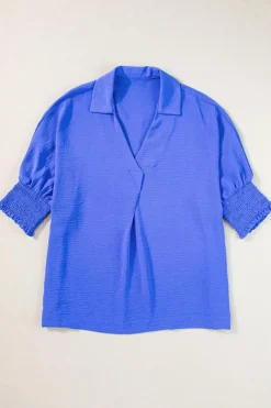 Online Dear-Lover Boxy Collared Smocked Sleeve Cuffs Blouse Dark Blue