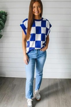 Best Dear-Lover Cherckerboard Round Neck Sweater Vest Dark Blue