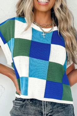 Clearance Dear-Lover Color Block Cap Sleeve Sweater Dark Blue