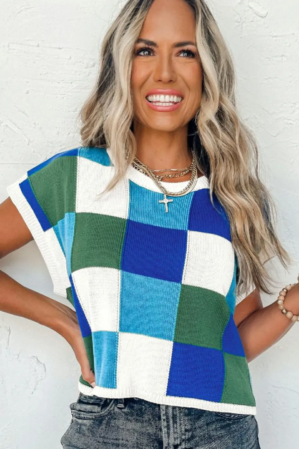 Clearance Dear-Lover Color Block Cap Sleeve Sweater Dark Blue