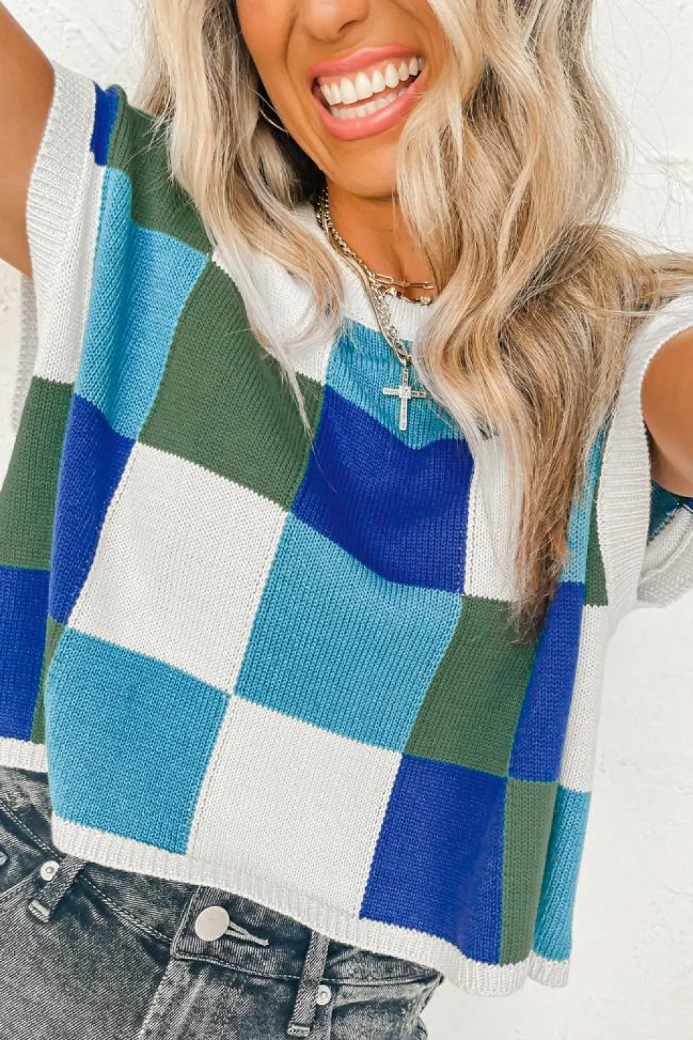 Clearance Dear-Lover Color Block Cap Sleeve Sweater Dark Blue