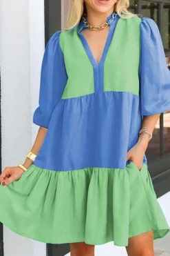 New Dear-Lover Colorblock Frilled V Neck Puff Half Sleeve Shift Dress Dark Blue