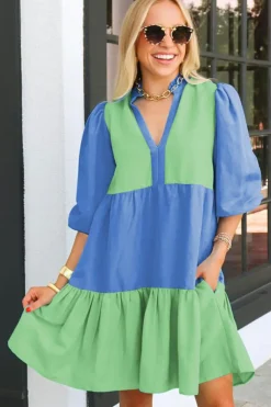 New Dear-Lover Colorblock Frilled V Neck Puff Half Sleeve Shift Dress Dark Blue