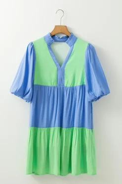 New Dear-Lover Colorblock Frilled V Neck Puff Half Sleeve Shift Dress Dark Blue