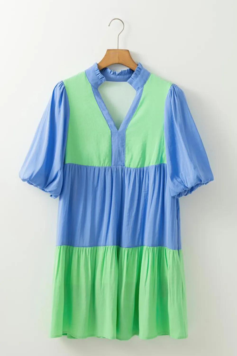 New Dear-Lover Colorblock Frilled V Neck Puff Half Sleeve Shift Dress Dark Blue