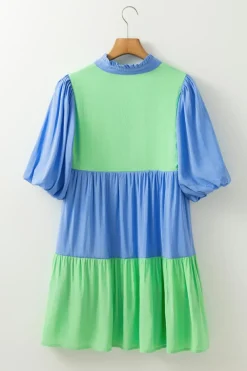 New Dear-Lover Colorblock Frilled V Neck Puff Half Sleeve Shift Dress Dark Blue