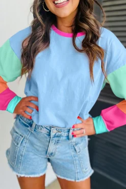 Sale Dear-Lover Colorblock Patchwork Long Sleeve Loose Top Dark Blue