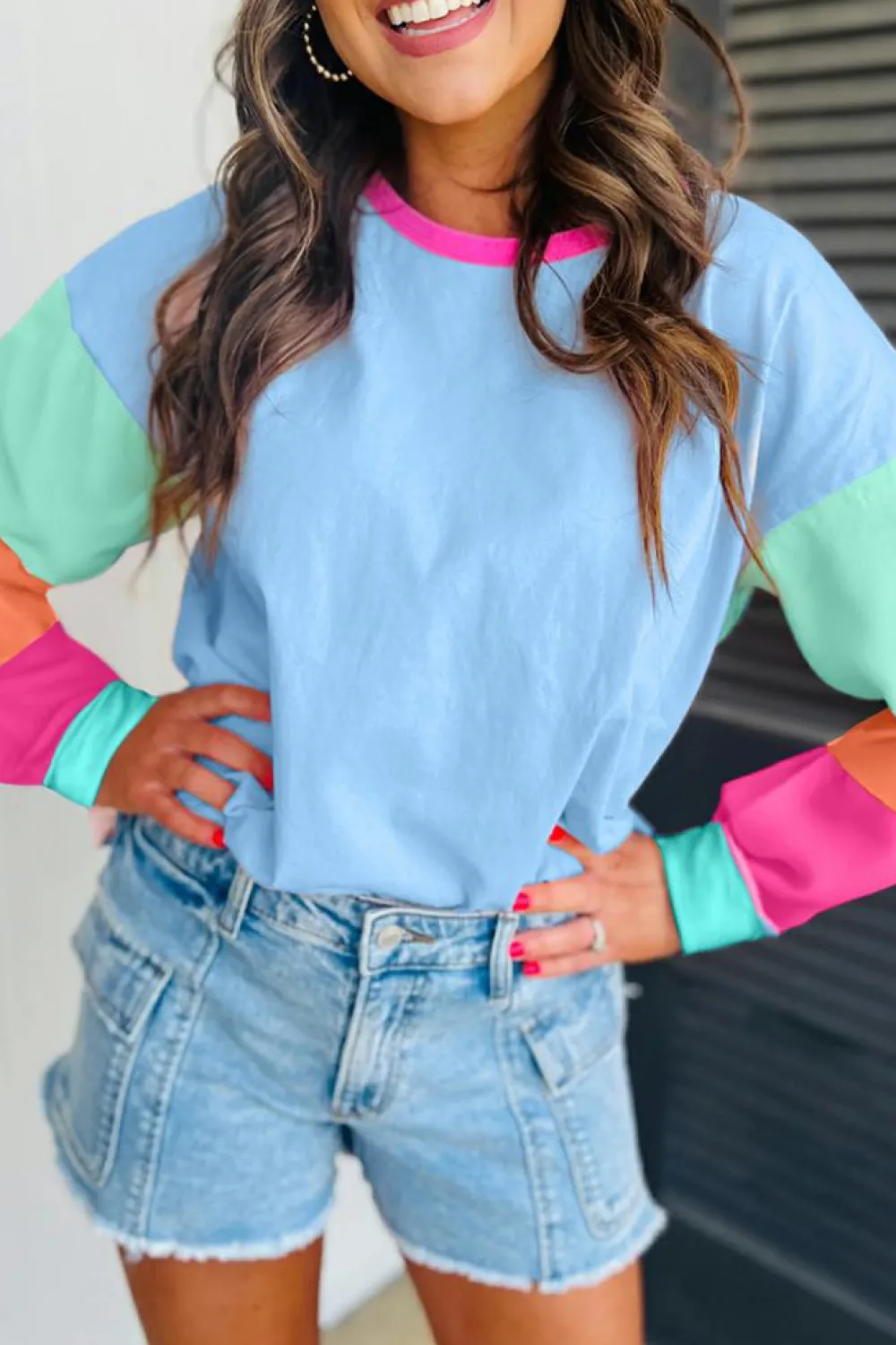Sale Dear-Lover Colorblock Patchwork Long Sleeve Loose Top Dark Blue