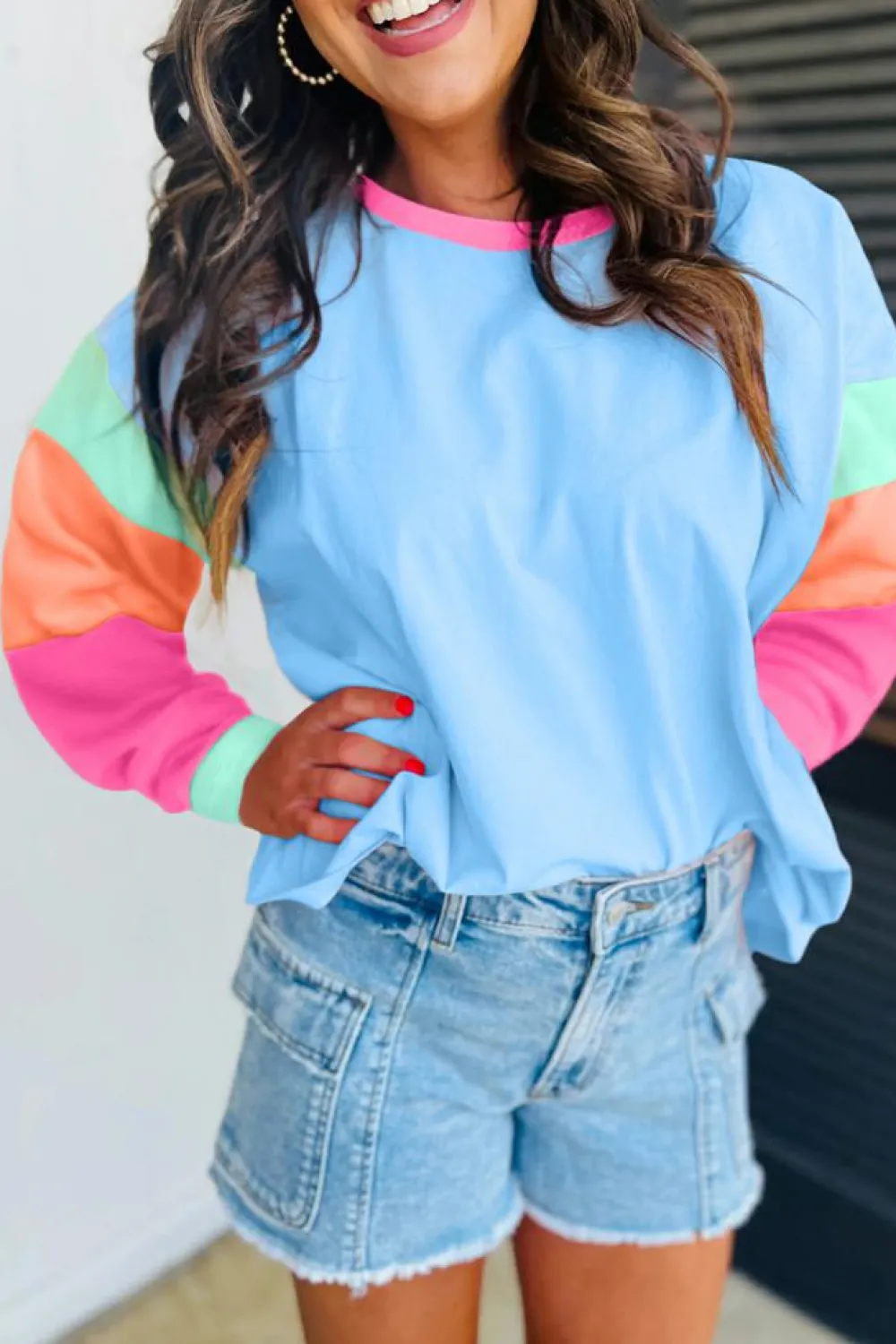 Sale Dear-Lover Colorblock Patchwork Long Sleeve Loose Top Dark Blue