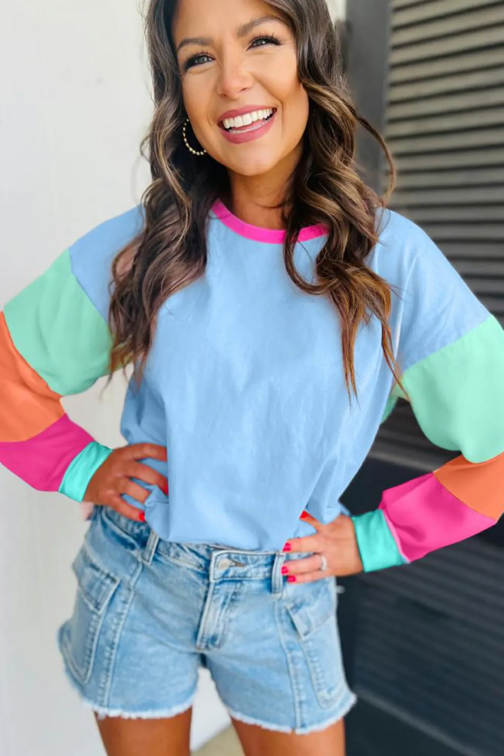 Sale Dear-Lover Colorblock Patchwork Long Sleeve Loose Top Dark Blue