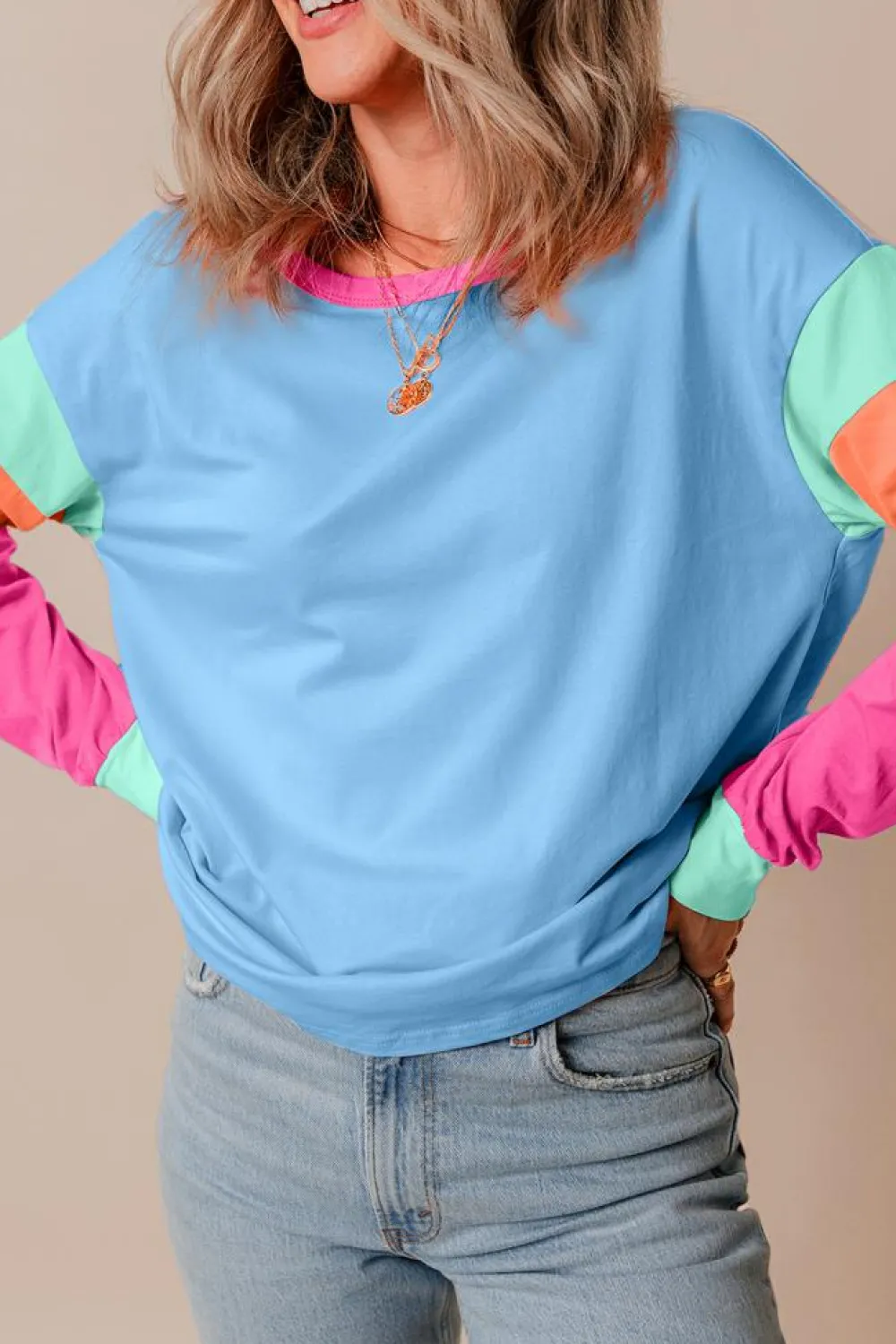 Sale Dear-Lover Colorblock Patchwork Long Sleeve Loose Top Dark Blue