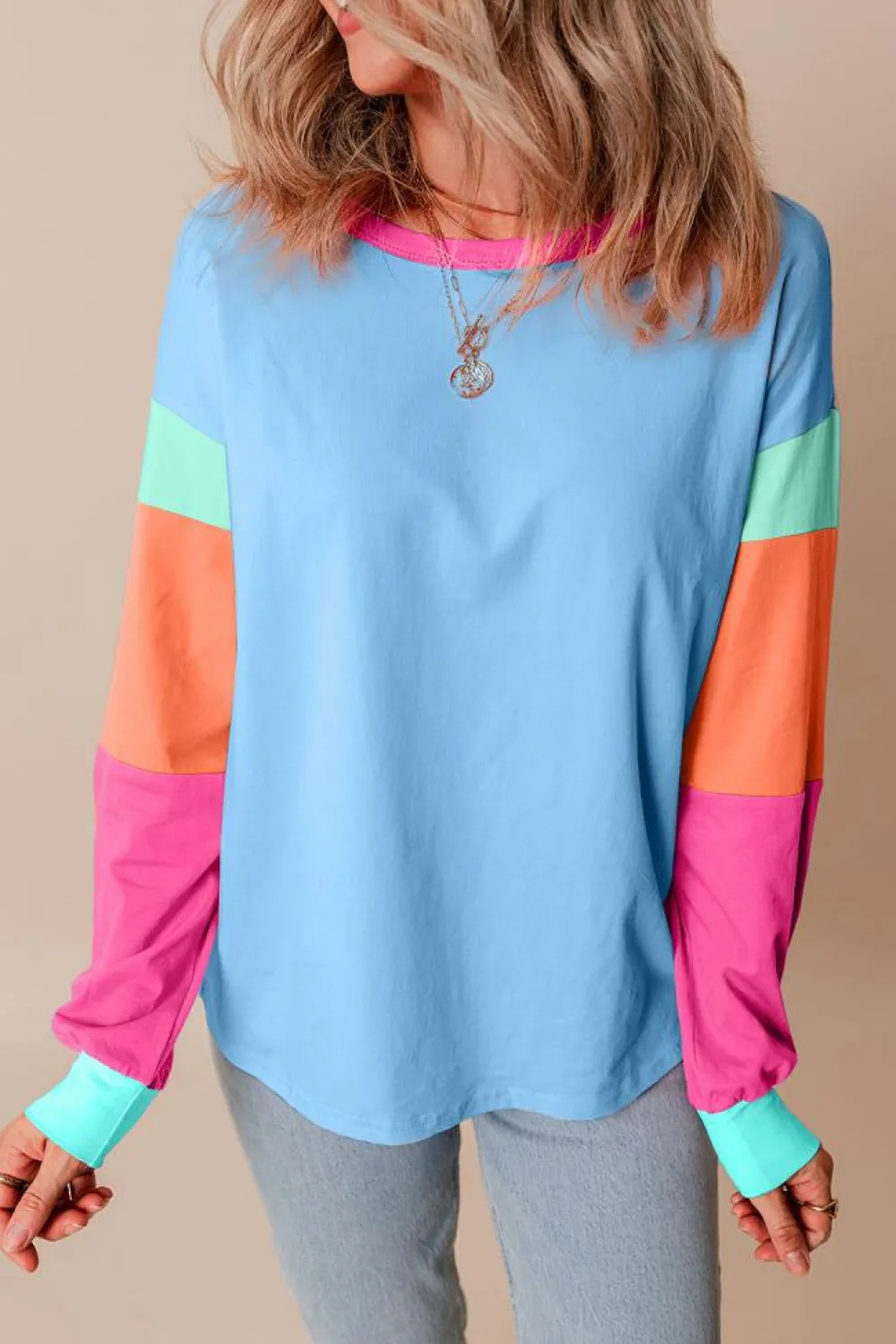 Sale Dear-Lover Colorblock Patchwork Long Sleeve Loose Top Dark Blue