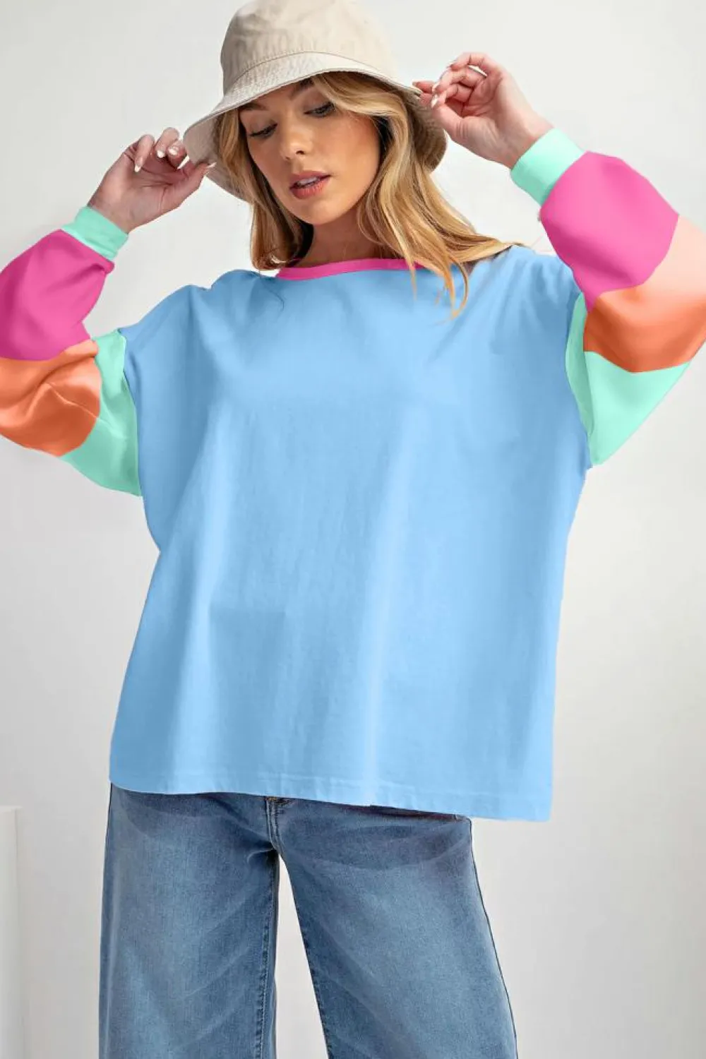 Sale Dear-Lover Colorblock Patchwork Long Sleeve Loose Top Dark Blue