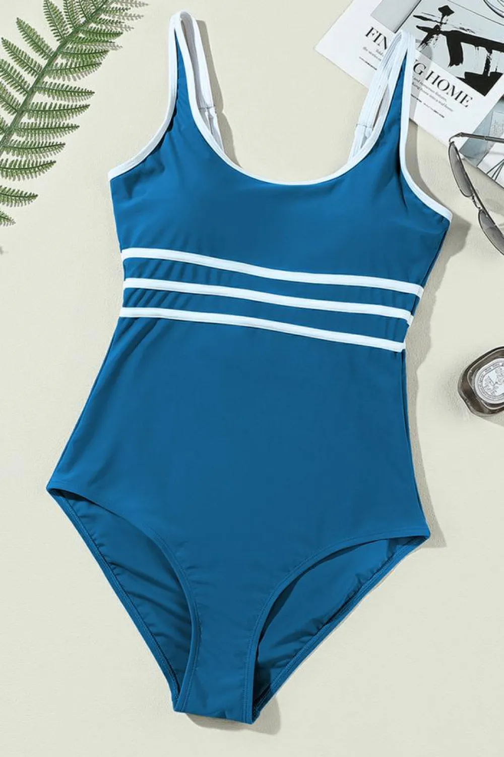 Sale Dear-Lover Contrast Trim Colorblock U Neck One Piece Swimwear Dark Blue