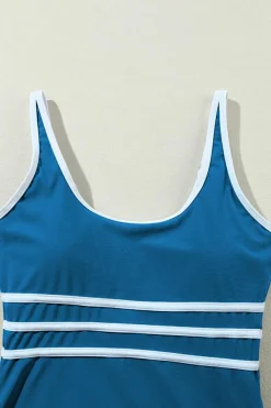Sale Dear-Lover Contrast Trim Colorblock U Neck One Piece Swimwear Dark Blue